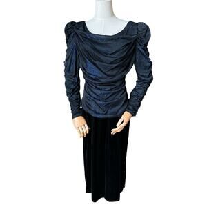 American Vintage Samir 70’s blue metallic Lurex & black velvet dress size medium